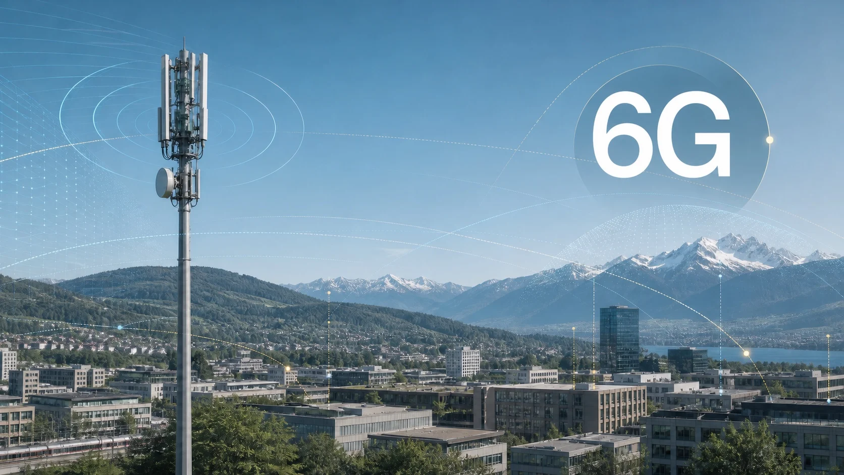 Mobilfunkantenne über einer Schweizer Stadtlandschaft mit 6G-Schriftzug und stilisierten Funkverbindungen